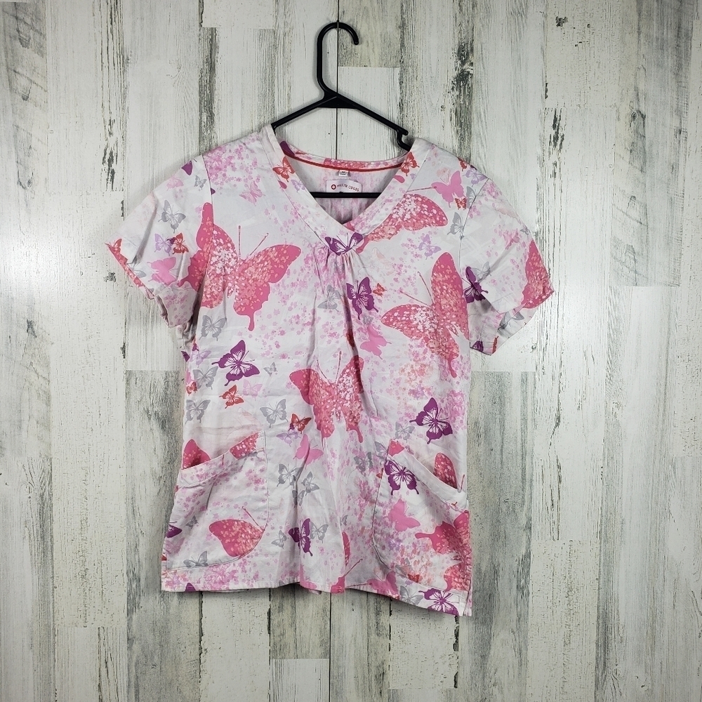 white cross pink butterfly scrub top women's size medium